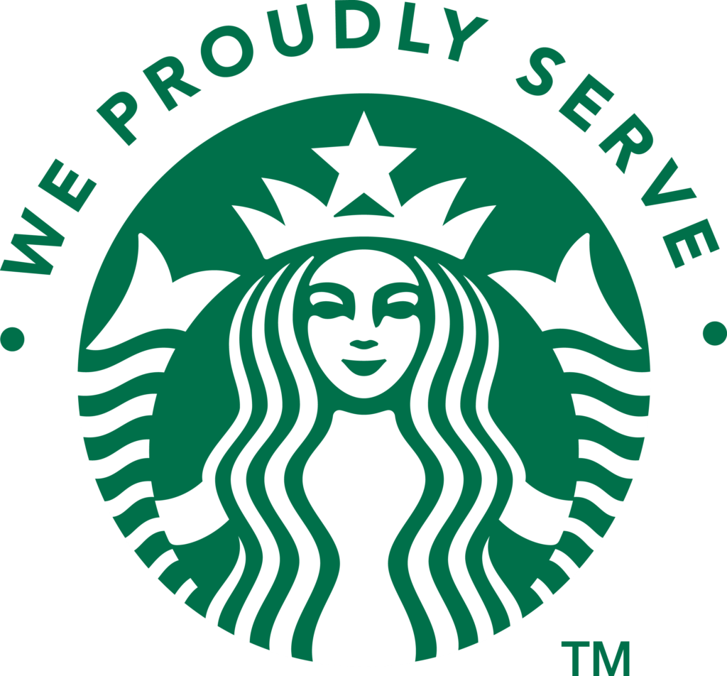 Green Starbucks siren with text "We proudly serve."