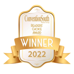 Golden award plaque for ConventionSouth Readers' Choice Award 2022, labeled as 'Winner'. It features a ribbon design.